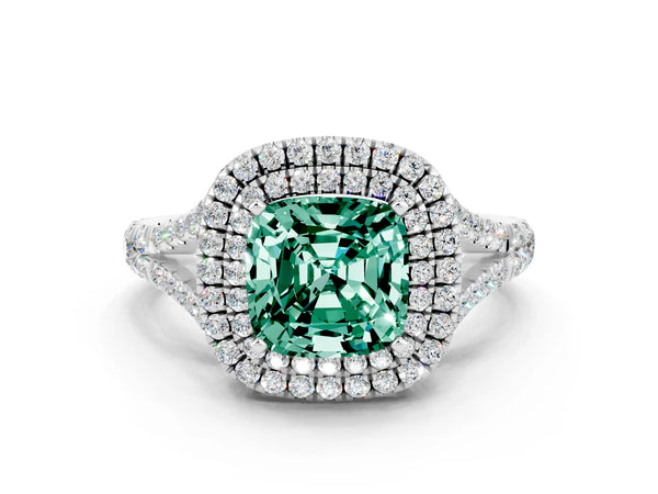 Platinum Cushion Cut Green Sapphire Double Halo Ring with Split Shank and Prong Setting