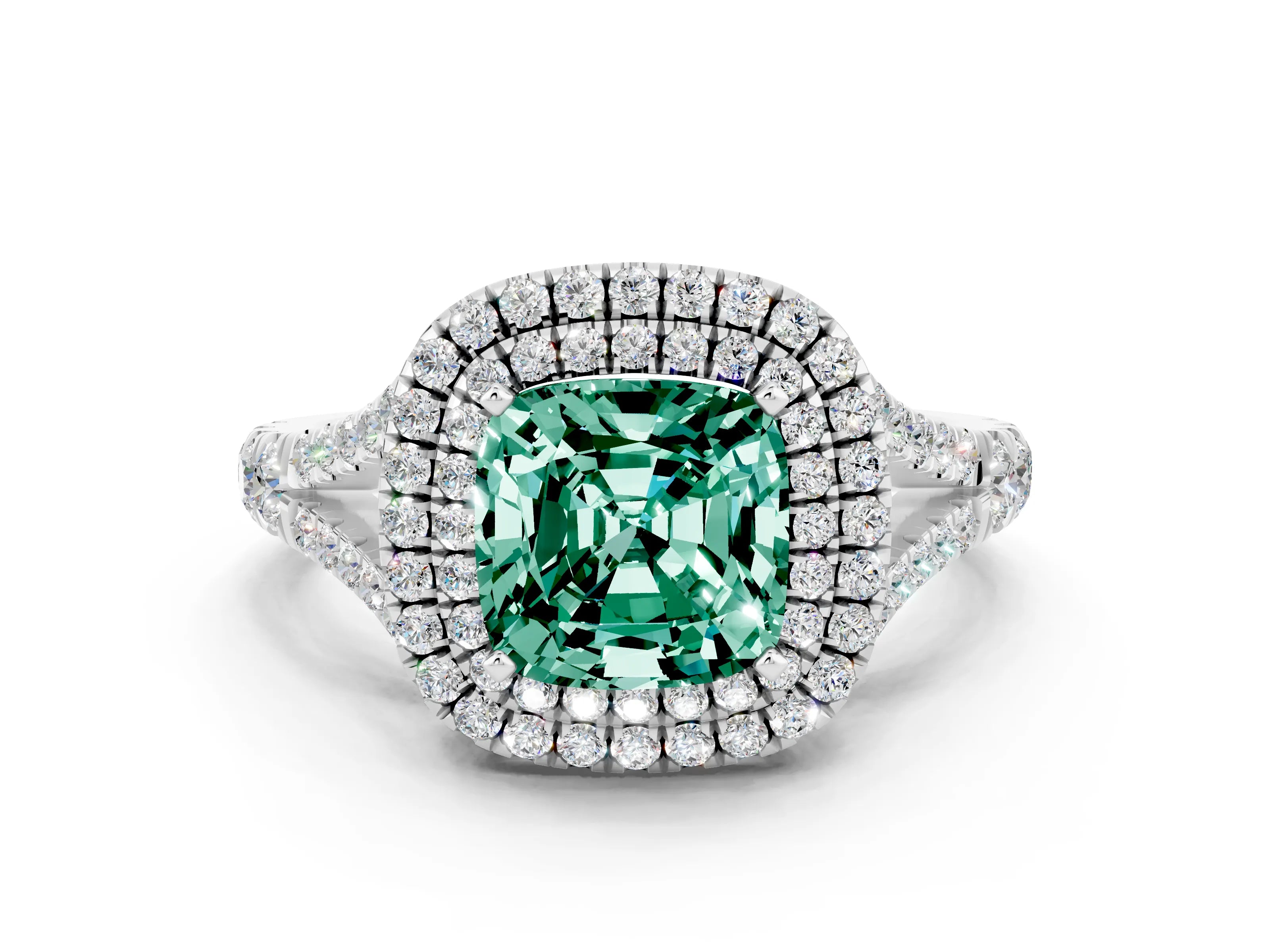 White gold Cushion Cut Green Sapphire Double Halo Ring with Split Shank and Prong Setting_12