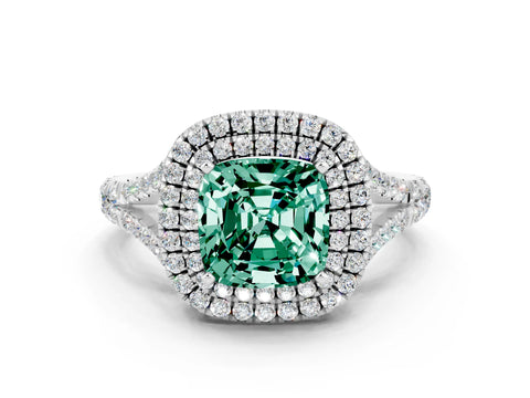 White gold Cushion Cut Green Sapphire Double Halo Ring with Split Shank and Prong Setting_12