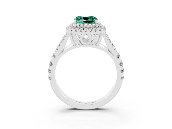 Silver Cushion Cut Green Sapphire Double Halo Ring with Split Shank and Prong Setting