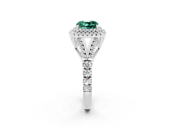 White gold Cushion Cut Green Sapphire Double Halo Ring with Split Shank and Prong Setting