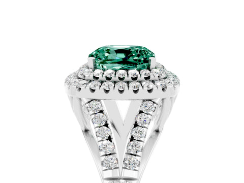 White gold Cushion Cut Green Sapphire Double Halo Ring with Split Shank and Prong Setting_29