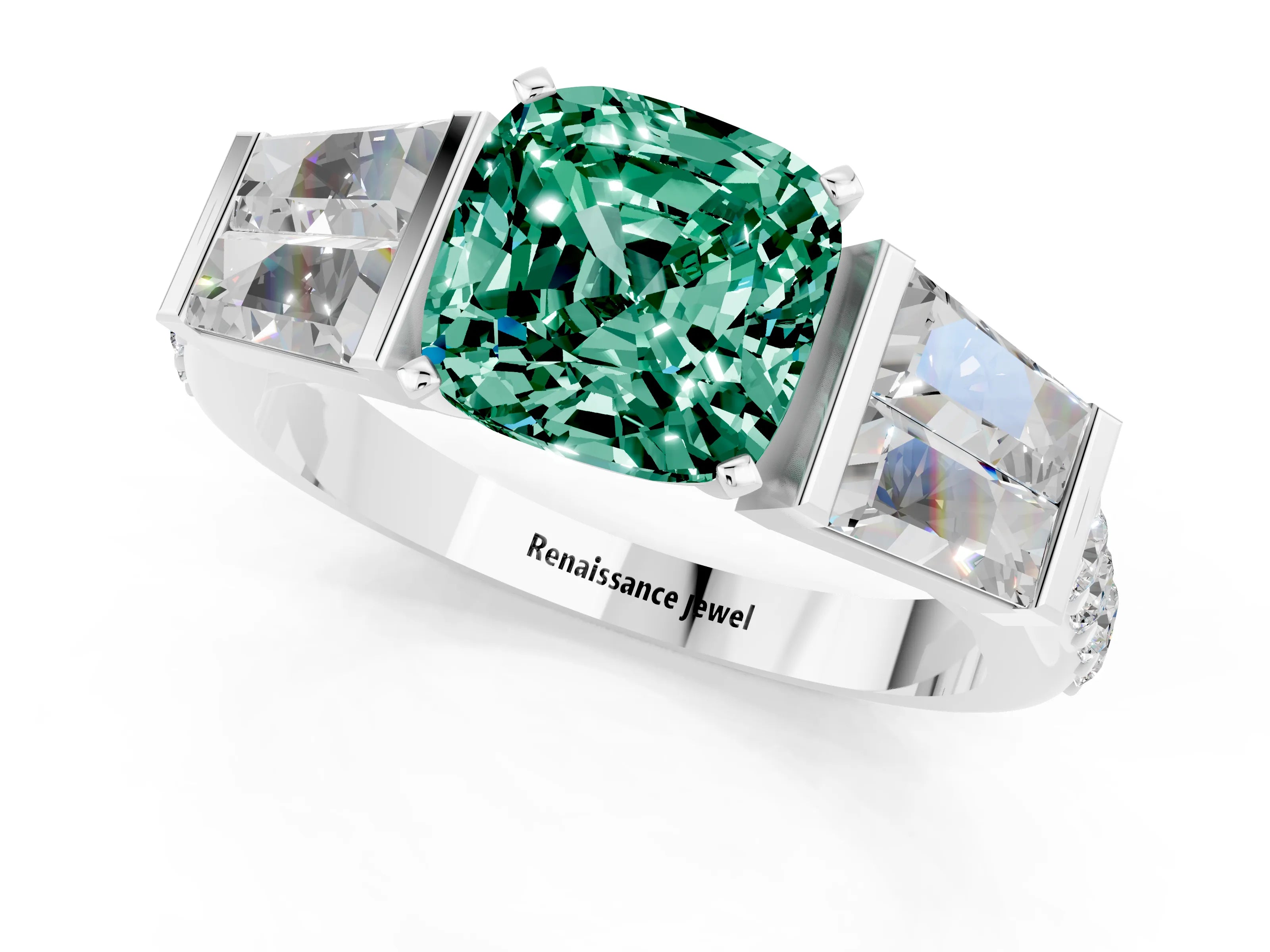 White gold Cushion Cut Green Sapphire Engagement Ring with Baguette Side Stones and Channel Set Band_1