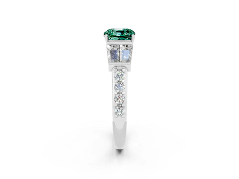 White gold Cushion Cut Green Sapphire Engagement Ring with Baguette Side Stones and Channel Set Band_2