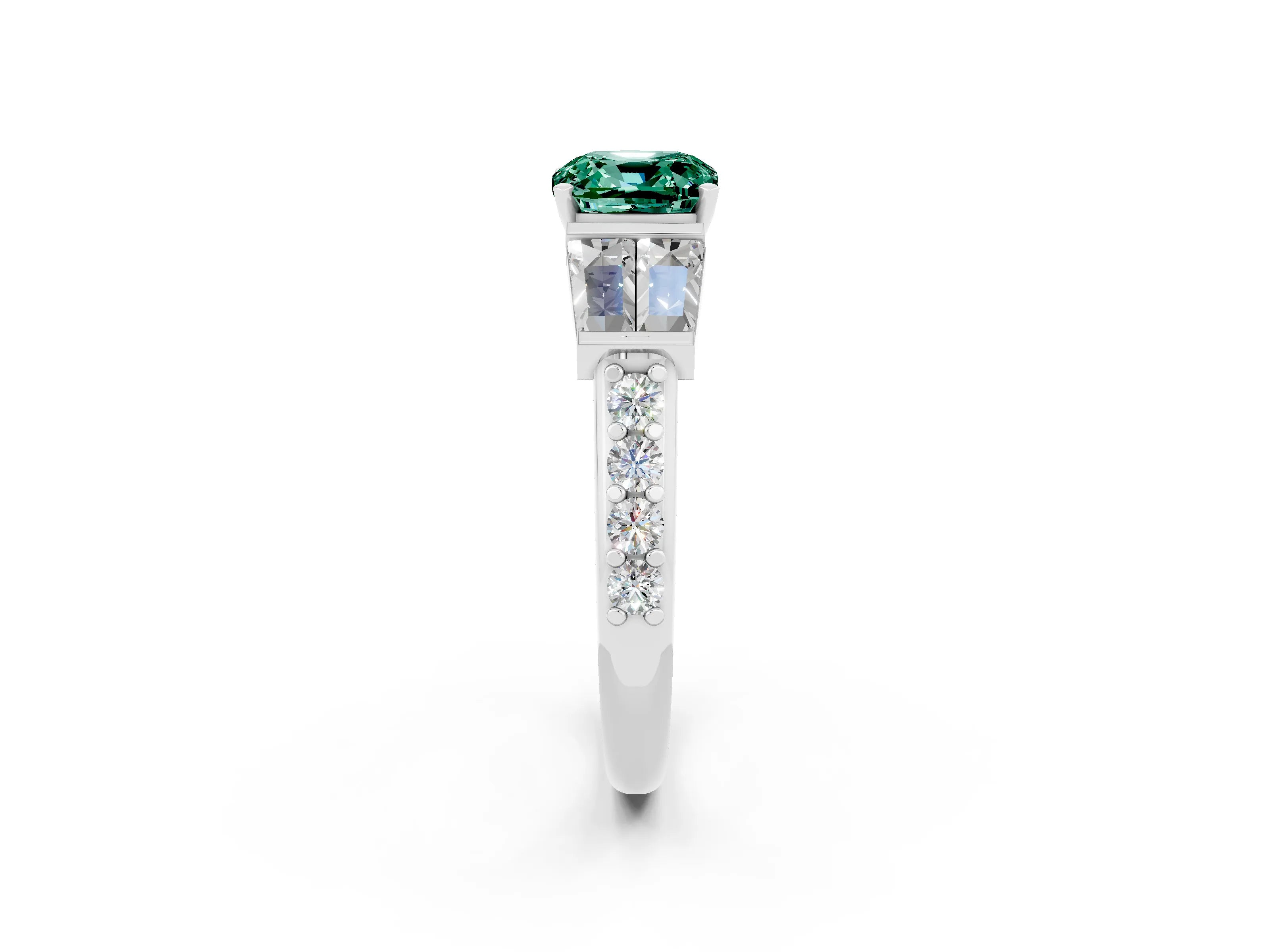 White gold Cushion Cut Green Sapphire Engagement Ring with Baguette Side Stones and Channel Set Band_2