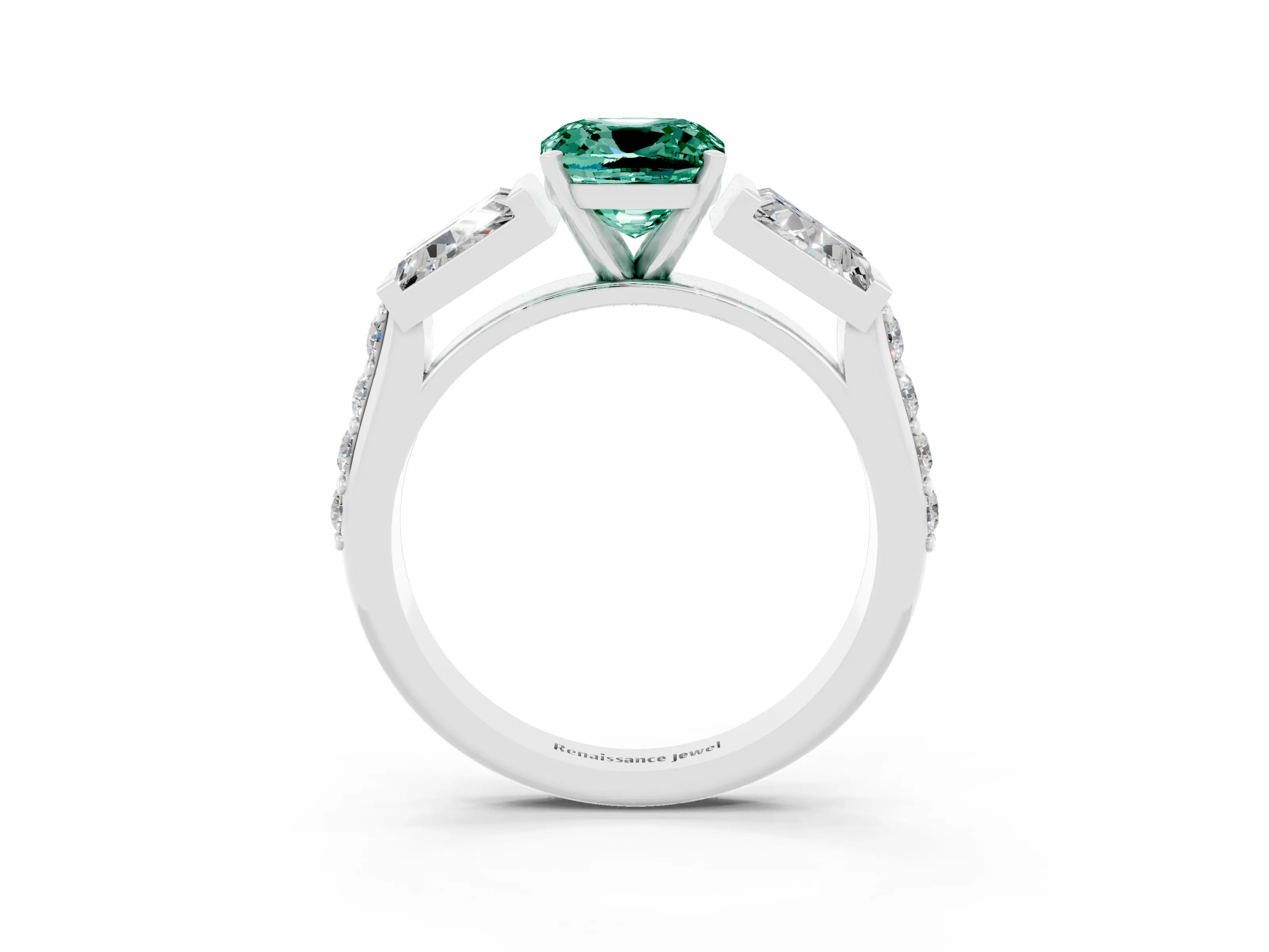 White gold Cushion Cut Green Sapphire Engagement Ring with Baguette Side Stones and Channel Set Band_3