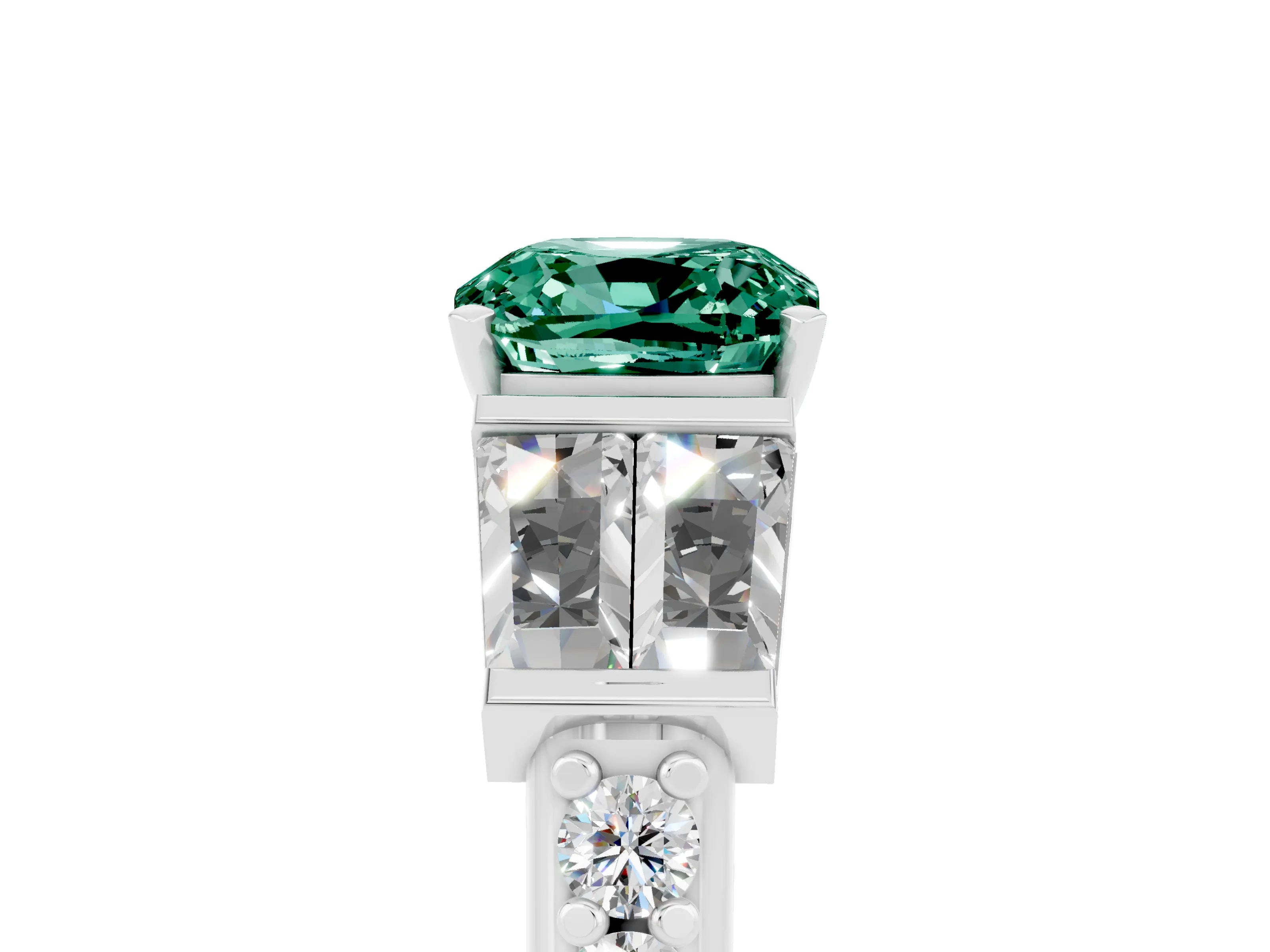 White gold Cushion Cut Green Sapphire Engagement Ring with Baguette Side Stones and Channel Set Band_5