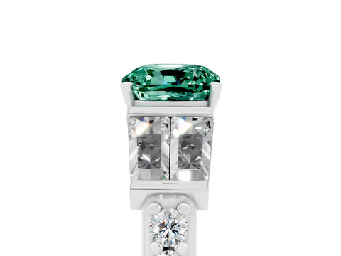 White gold Cushion Cut Green Sapphire Engagement Ring with Baguette Side Stones and Channel Set Band_5