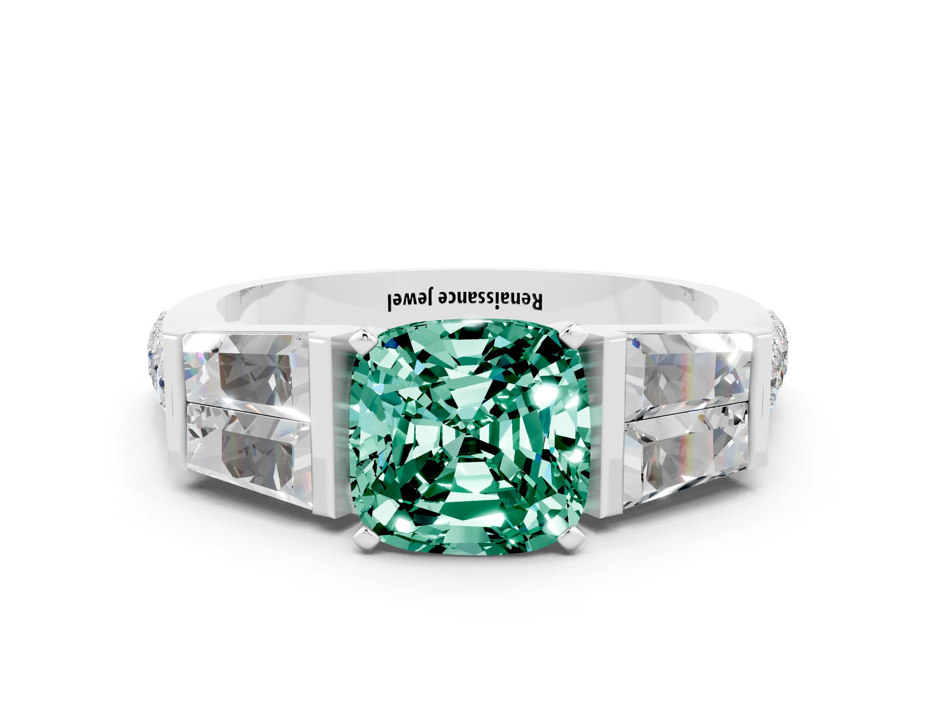 White gold Cushion Cut Green Sapphire Engagement Ring with Baguette Side Stones and Channel Set Band