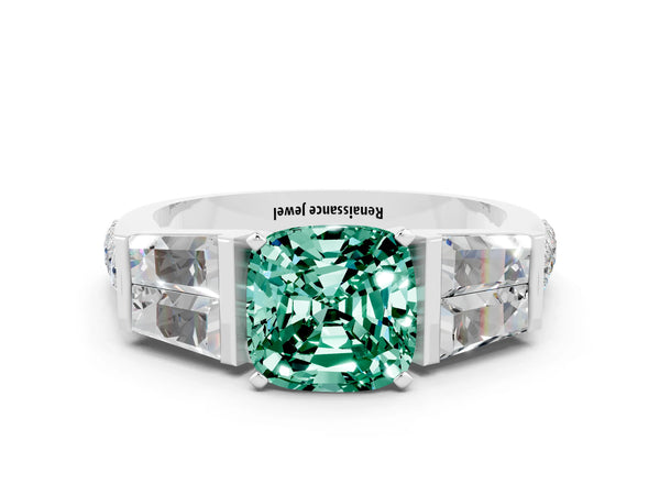 Silver Cushion Cut Green Sapphire Engagement Ring with Baguette Side Stones and Channel Set Band