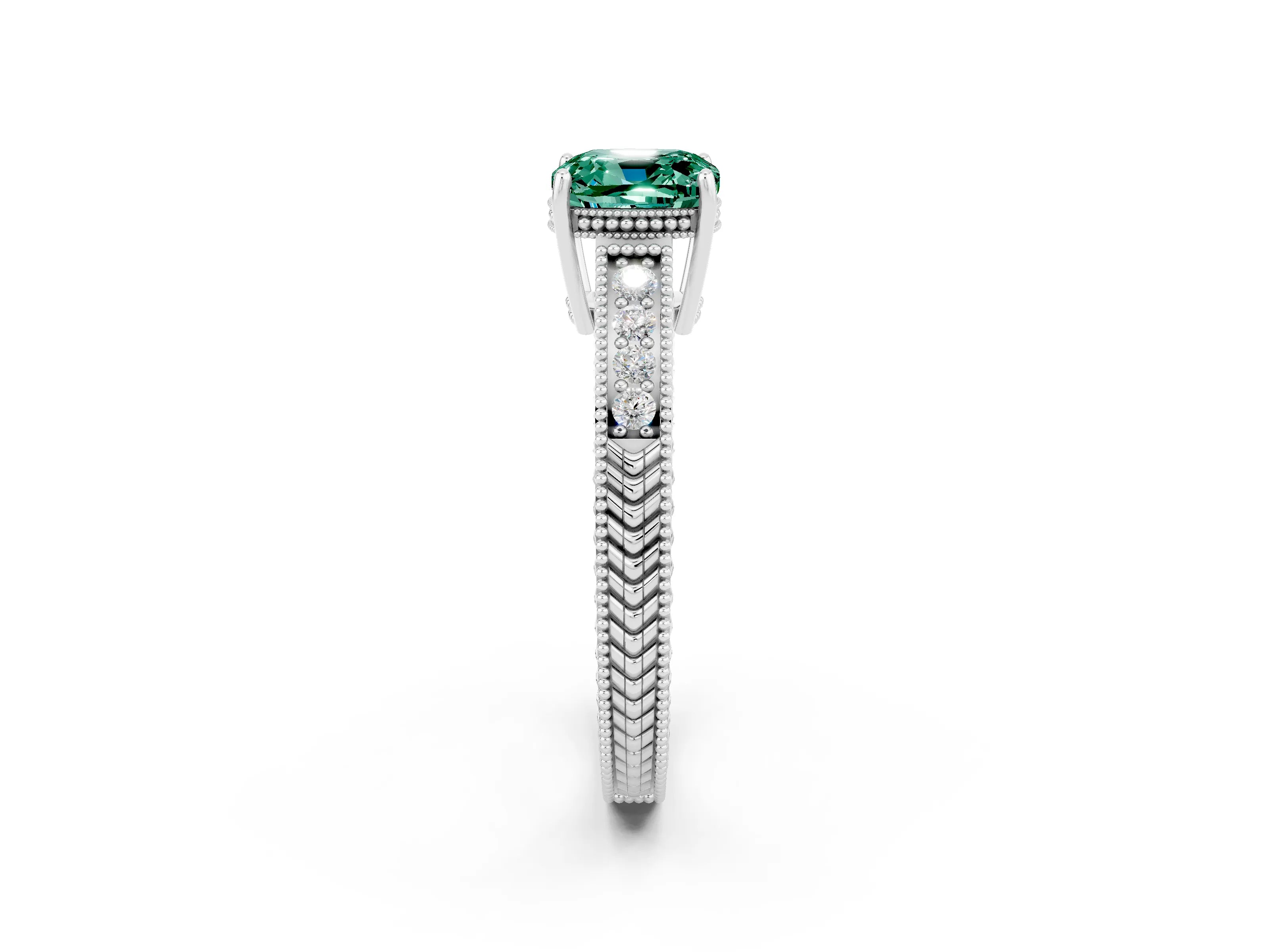 White gold Cushion Cut Green Sapphire Engagement Ring with Milgrain Channel Set Band and Prong Setting_2