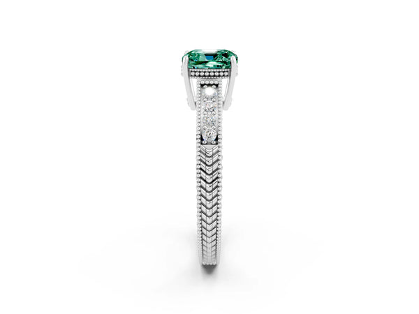 White gold Cushion Cut Green Sapphire Engagement Ring with Milgrain Channel Set Band and Prong Setting