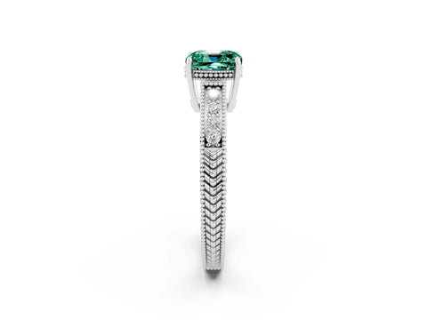 White gold Cushion Cut Green Sapphire Engagement Ring with Milgrain Channel Set Band and Prong Setting_2