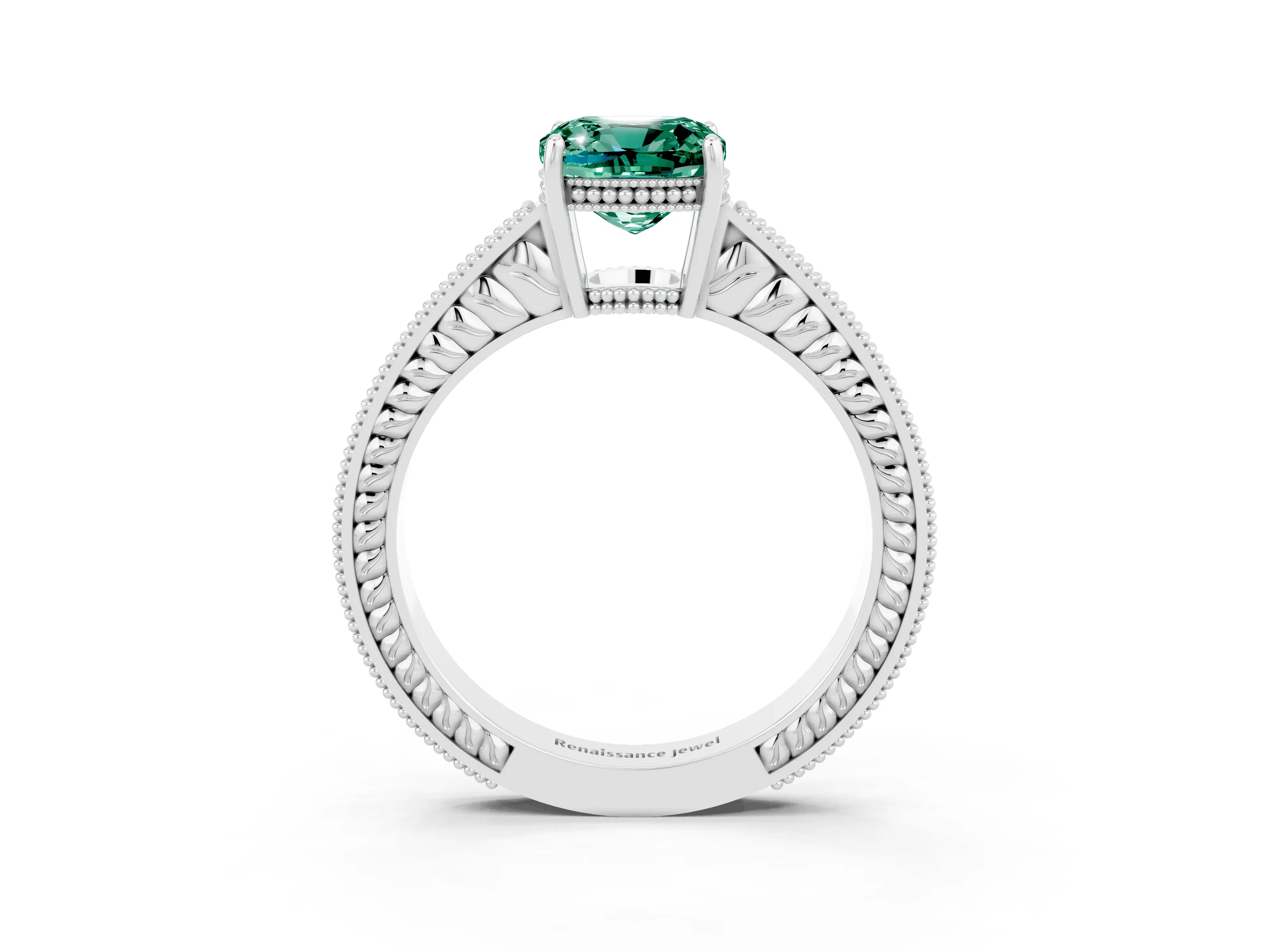 White gold Cushion Cut Green Sapphire Engagement Ring with Milgrain Channel Set Band and Prong Setting_3