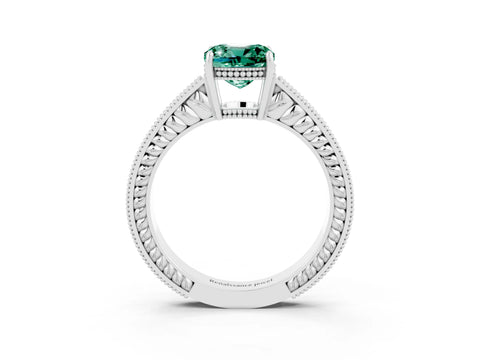 White gold Cushion Cut Green Sapphire Engagement Ring with Milgrain Channel Set Band and Prong Setting_3