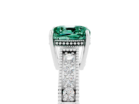 White gold Cushion Cut Green Sapphire Engagement Ring with Milgrain Channel Set Band and Prong Setting_5