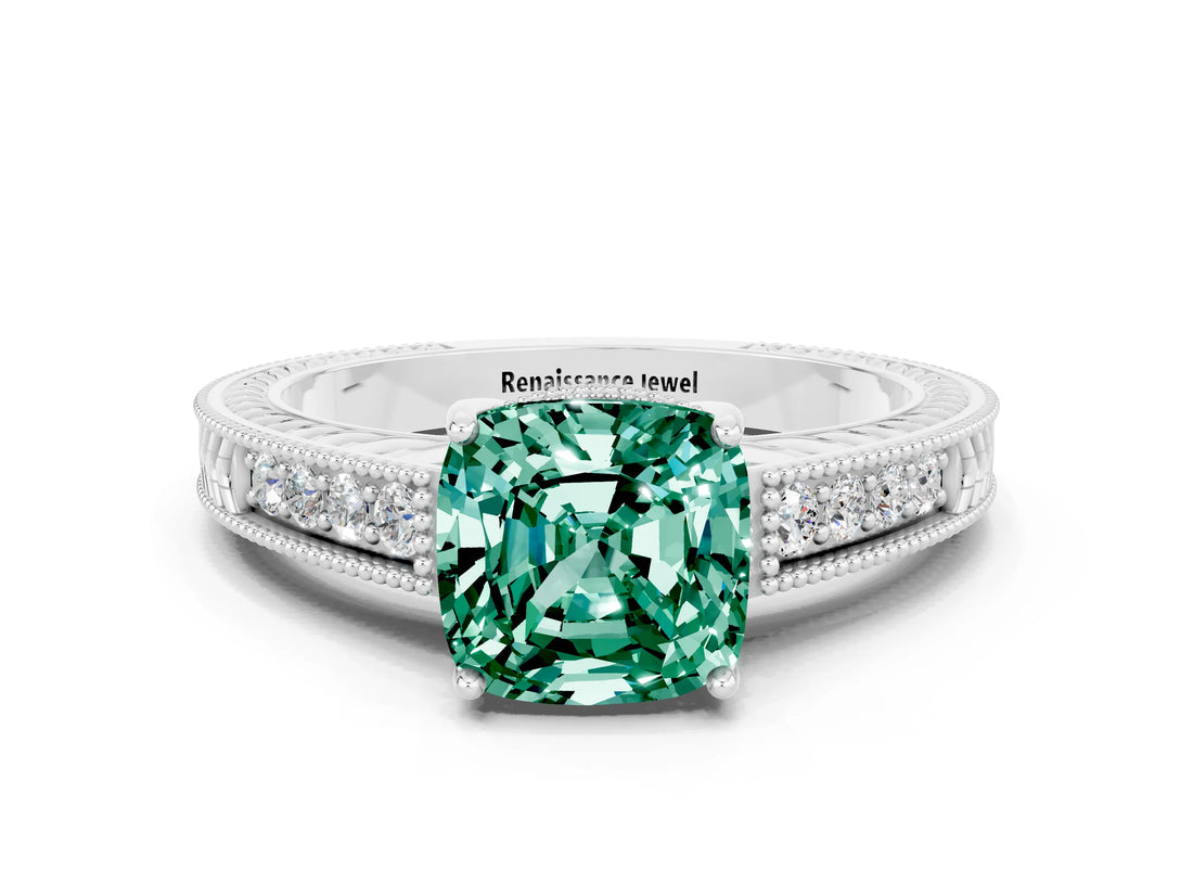 White gold Cushion Cut Green Sapphire Engagement Ring with Milgrain Channel Set Band and Prong Setting