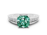 White gold Cushion Cut Green Sapphire Engagement Ring with Milgrain Channel Set Band and Prong Setting