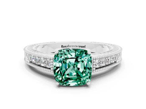 White gold Cushion Cut Green Sapphire Engagement Ring with Milgrain Channel Set Band and Prong Setting