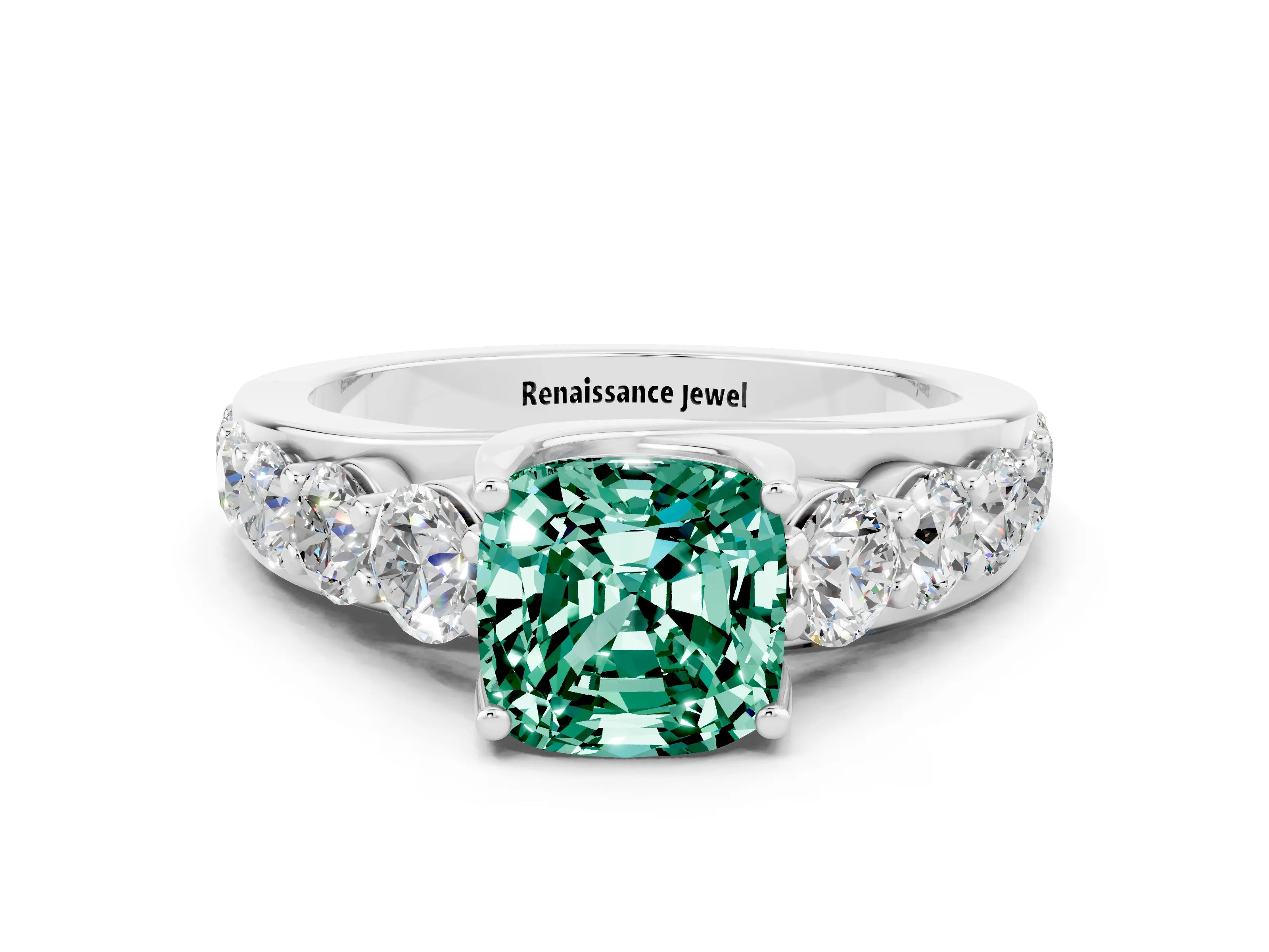 White gold Cushion Cut Green Sapphire Engagement Ring with Pavé Band and Four-Prong Setting