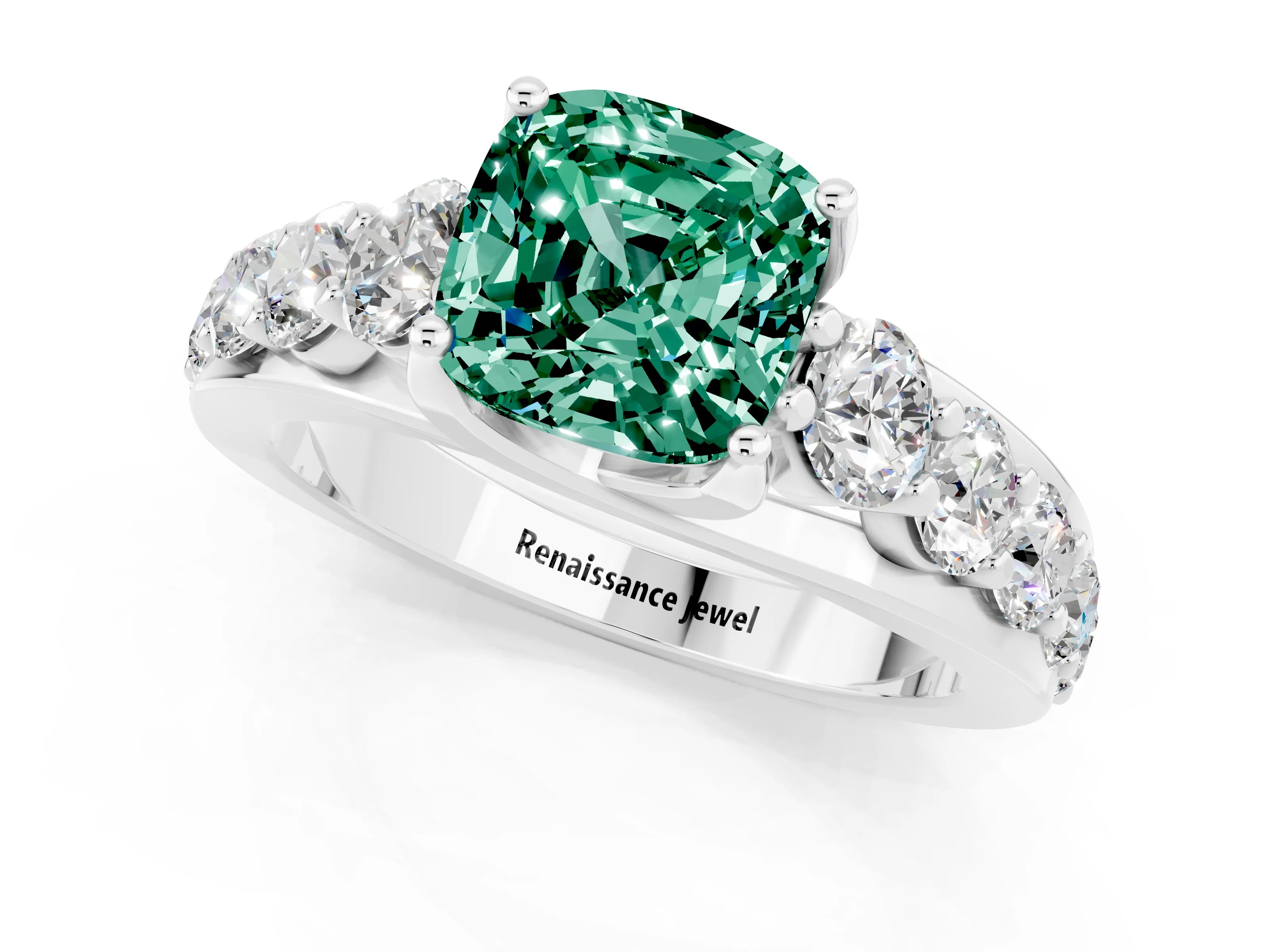 White gold Cushion Cut Green Sapphire Engagement Ring with Pavé Band and Four-Prong Setting_1