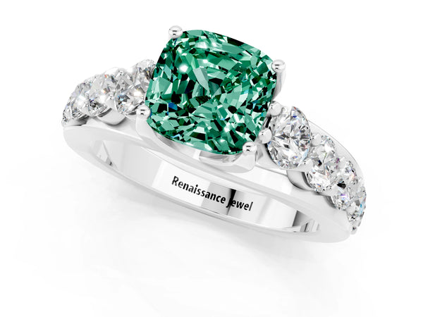 White gold Cushion Cut Green Sapphire Engagement Ring with Pavé Band and Four-Prong Setting