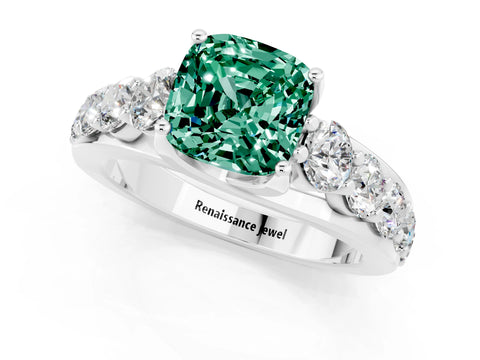 White gold Cushion Cut Green Sapphire Engagement Ring with Pavé Band and Four-Prong Setting_1