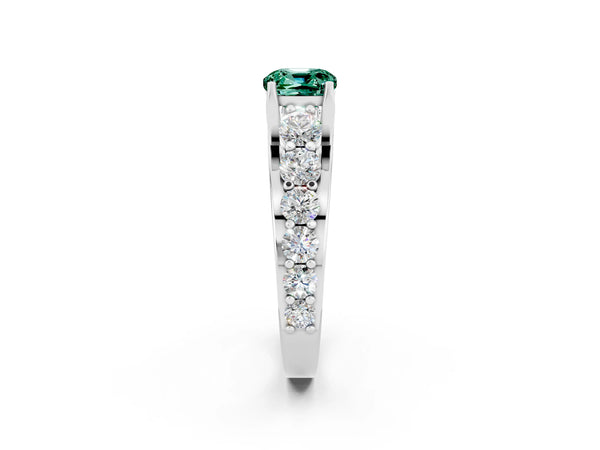 Platinum Cushion Cut Green Sapphire Engagement Ring with Pavé Band and Four-Prong Setting