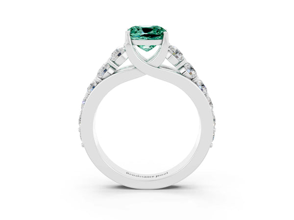 Platinum Cushion Cut Green Sapphire Engagement Ring with Pavé Band and Four-Prong Setting