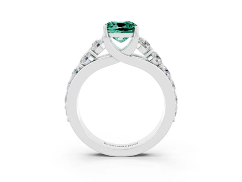 White gold Cushion Cut Green Sapphire Engagement Ring with Pavé Band and Four-Prong Setting_3