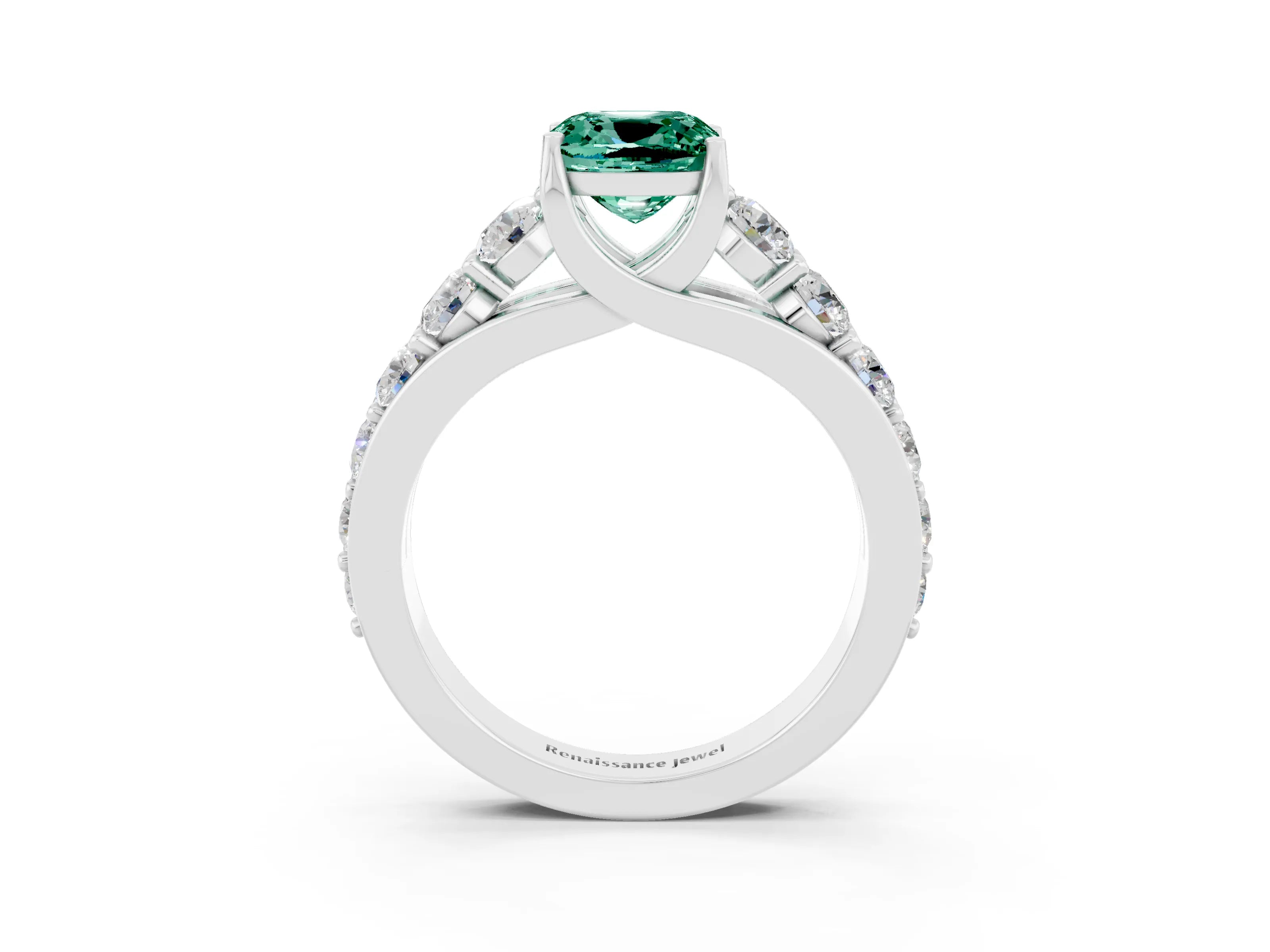 White gold Cushion Cut Green Sapphire Engagement Ring with Pavé Band and Four-Prong Setting_3