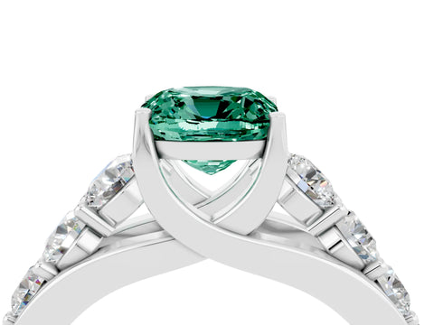White gold Cushion Cut Green Sapphire Engagement Ring with Pavé Band and Four-Prong Setting_4