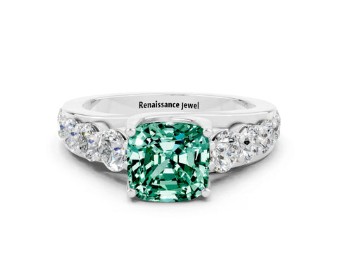 White gold Cushion Cut Green Sapphire Engagement Ring with Pavé Band and Four-Prong Setting