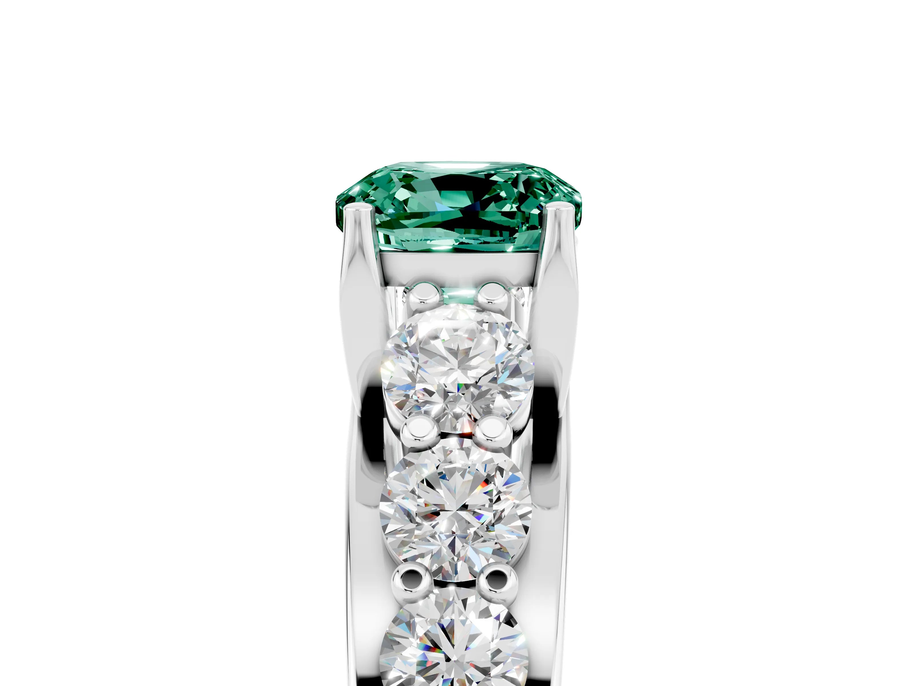 White gold Cushion Cut Green Sapphire Engagement Ring with Pavé Band and Four-Prong Setting_5