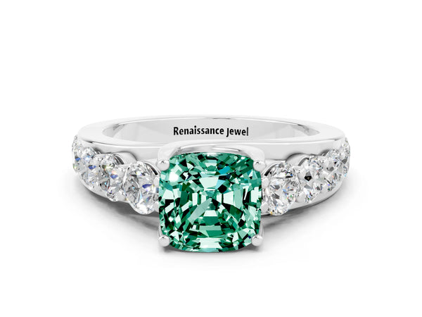 Silver Cushion Cut Green Sapphire Engagement Ring with Pavé Band and Four-Prong Setting