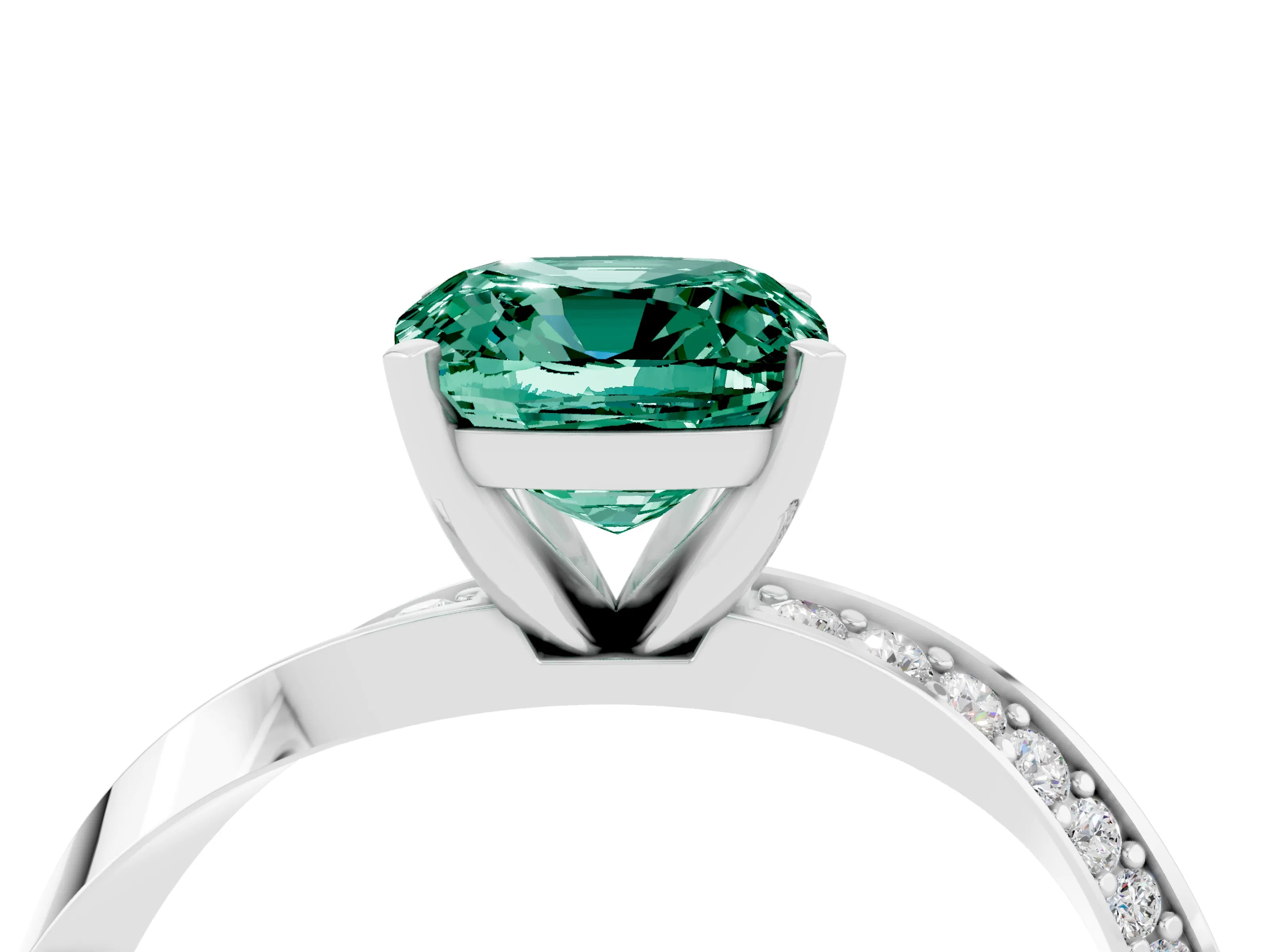 White gold Cushion Cut Green Sapphire Engagement Ring with Side Stone Accents and Four-Prong Setting_49