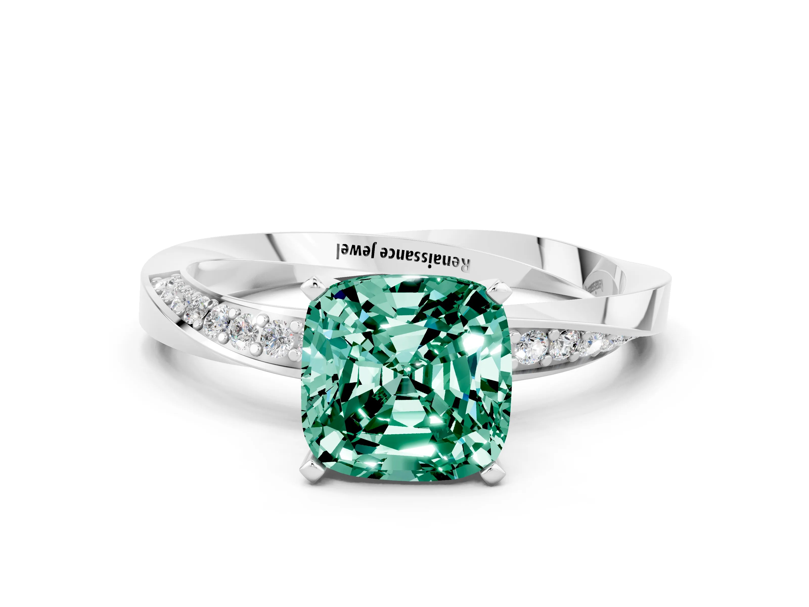White gold Cushion Cut Green Sapphire Engagement Ring with Side Stone Accents and Four-Prong Setting_51