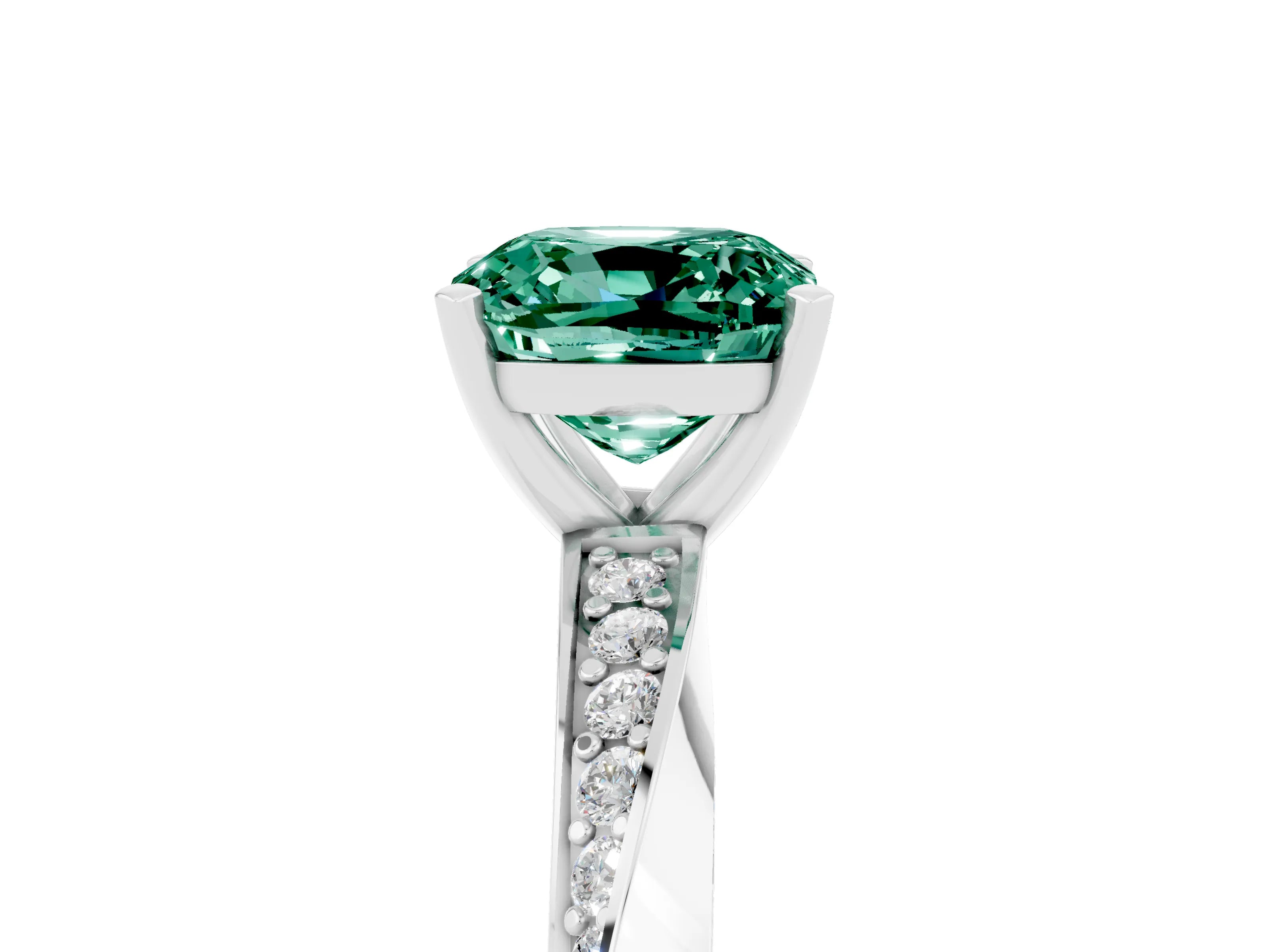 White gold Cushion Cut Green Sapphire Engagement Ring with Side Stone Accents and Four-Prong Setting_56