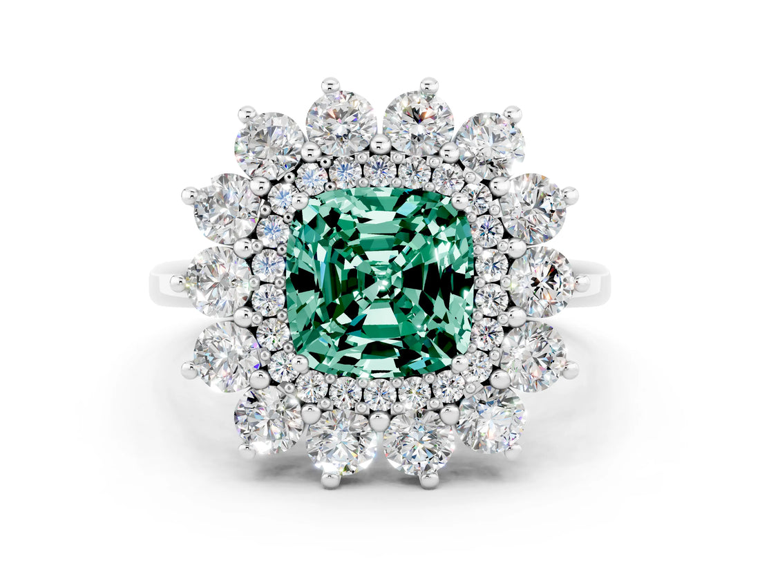 White gold Cushion Cut Green Sapphire Floral Double Halo Engagement Ring with Prong Setting_84