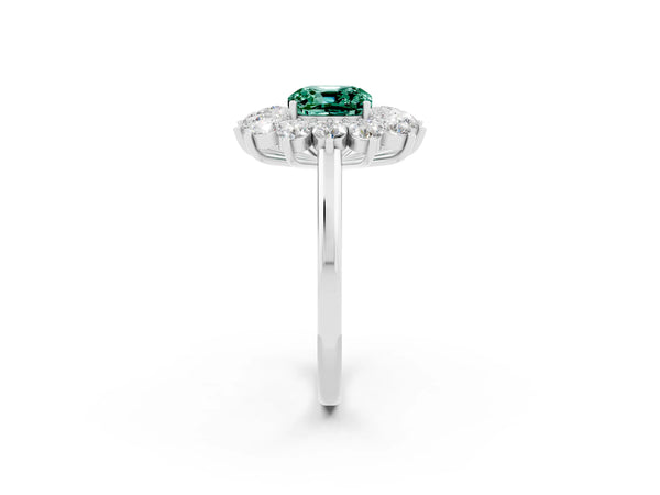White gold Cushion Cut Green Sapphire Floral Double Halo Engagement Ring with Prong Setting