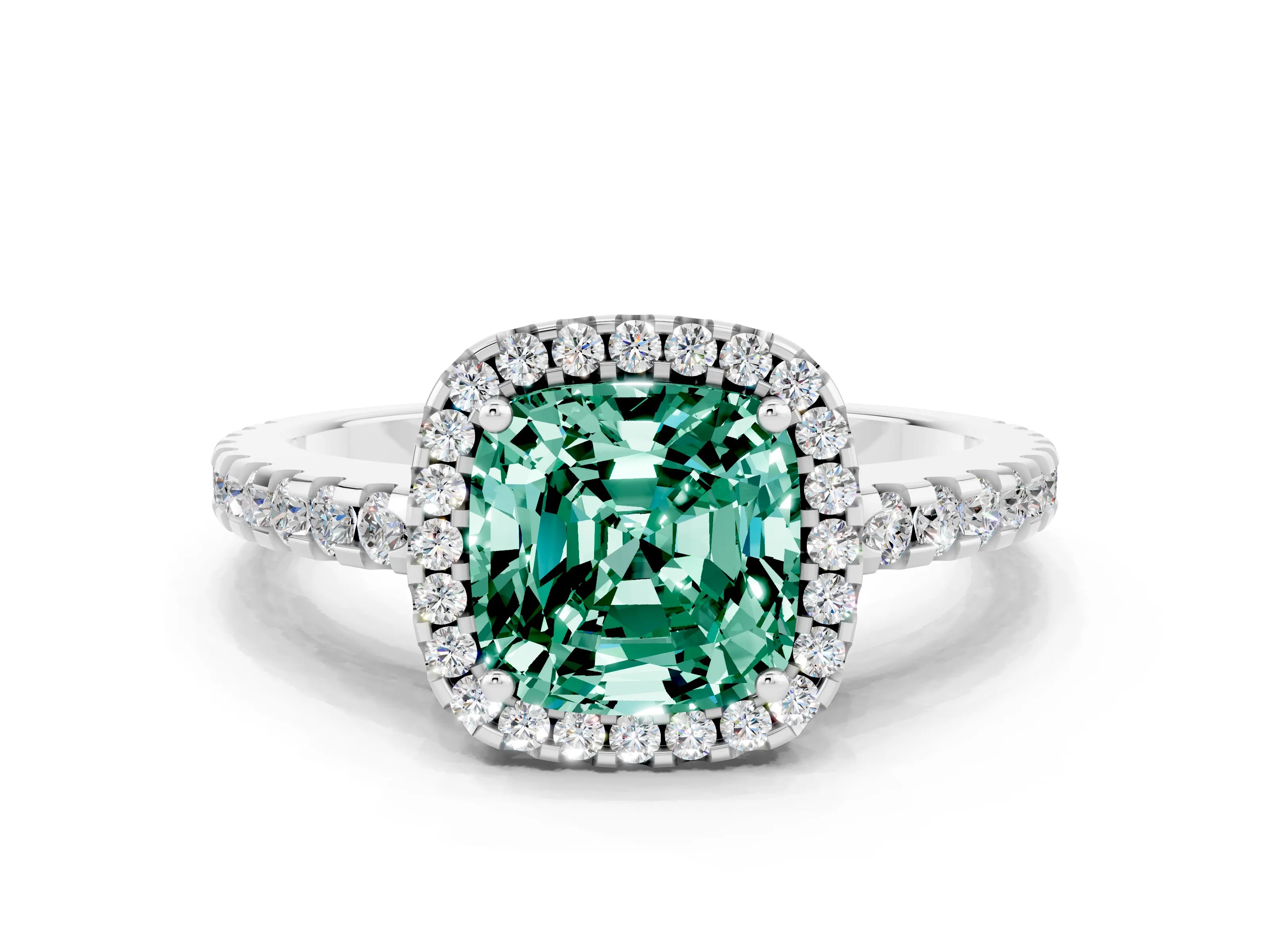 White gold Cushion Cut Green Sapphire Halo Engagement Ring with Pavé Band and Prong Setting_12