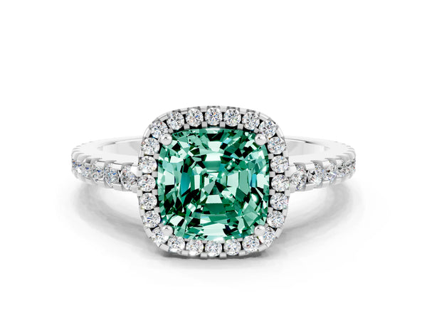 Silver Cushion Cut Green Sapphire Halo Engagement Ring with Pavé Band and Prong Setting