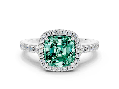 White gold Cushion Cut Green Sapphire Halo Engagement Ring with Pavé Band and Prong Setting_12