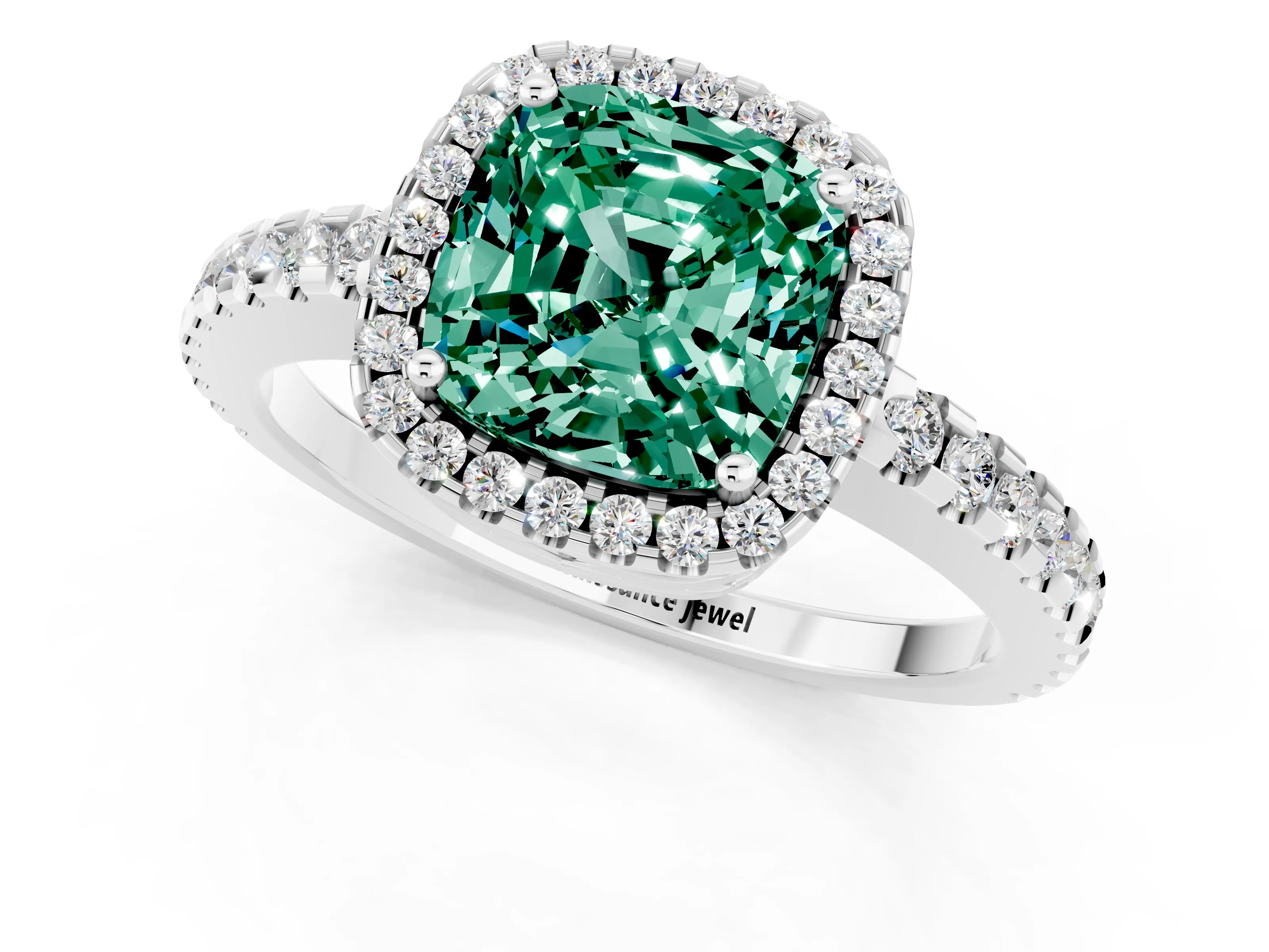 White gold Cushion Cut Green Sapphire Halo Engagement Ring with Pavé Band and Prong Setting_13