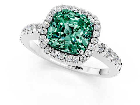 White gold Cushion Cut Green Sapphire Halo Engagement Ring with Pavé Band and Prong Setting_13