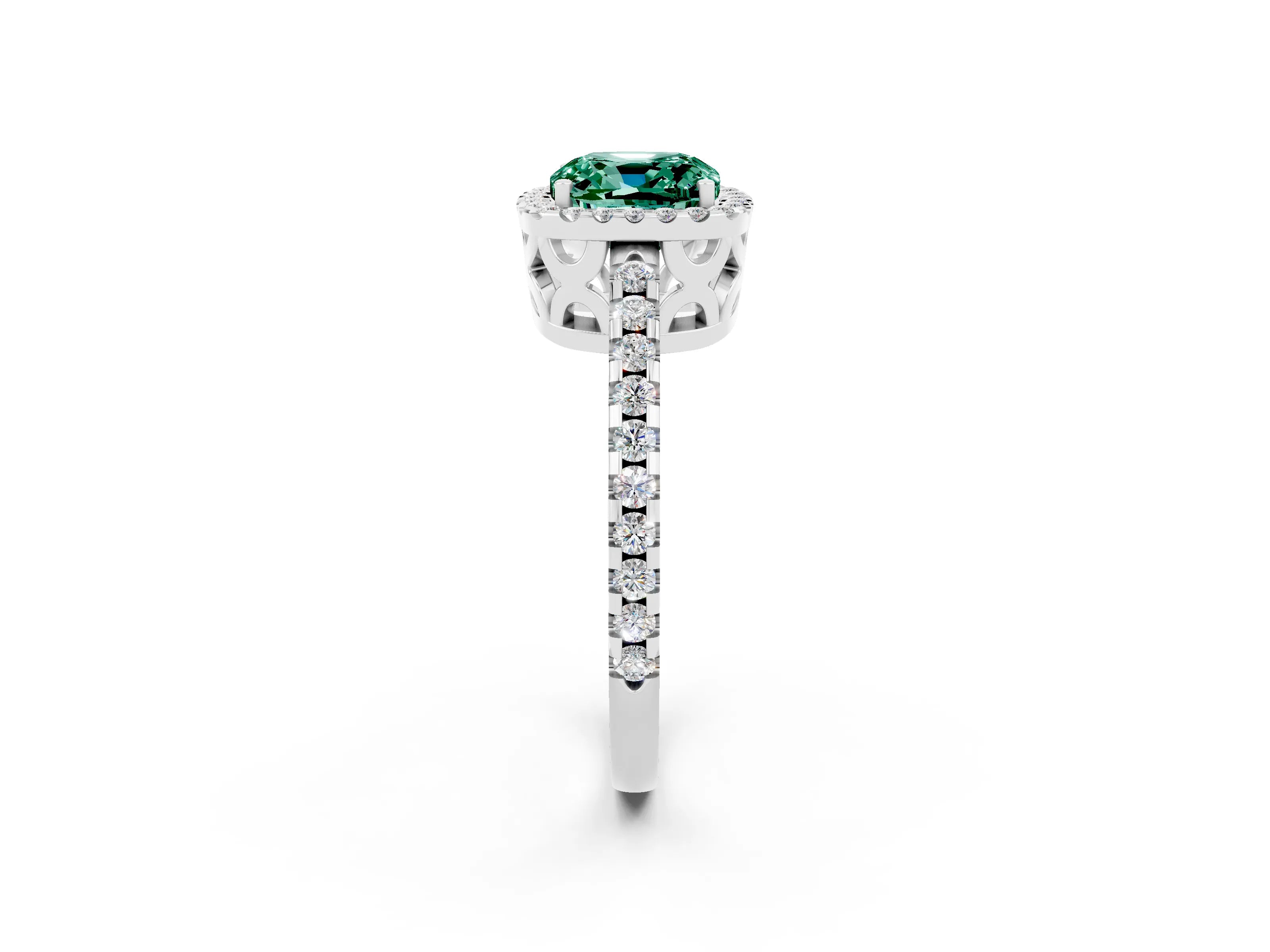 White gold Cushion Cut Green Sapphire Halo Engagement Ring with Pavé Band and Prong Setting_14