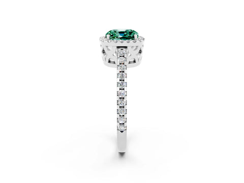 White gold Cushion Cut Green Sapphire Halo Engagement Ring with Pavé Band and Prong Setting_14
