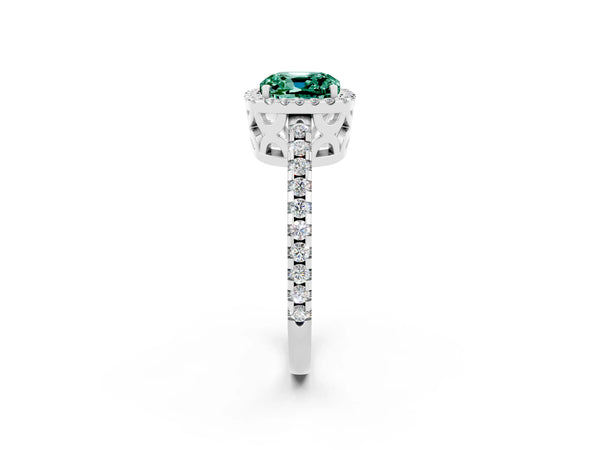 Silver Cushion Cut Green Sapphire Halo Engagement Ring with Pavé Band and Prong Setting