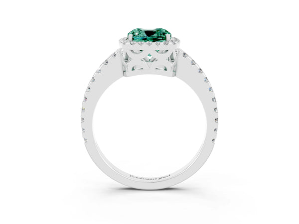 Platinum Cushion Cut Green Sapphire Halo Engagement Ring with Pavé Band and Prong Setting