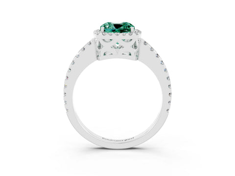 White gold Cushion Cut Green Sapphire Halo Engagement Ring with Pavé Band and Prong Setting_15